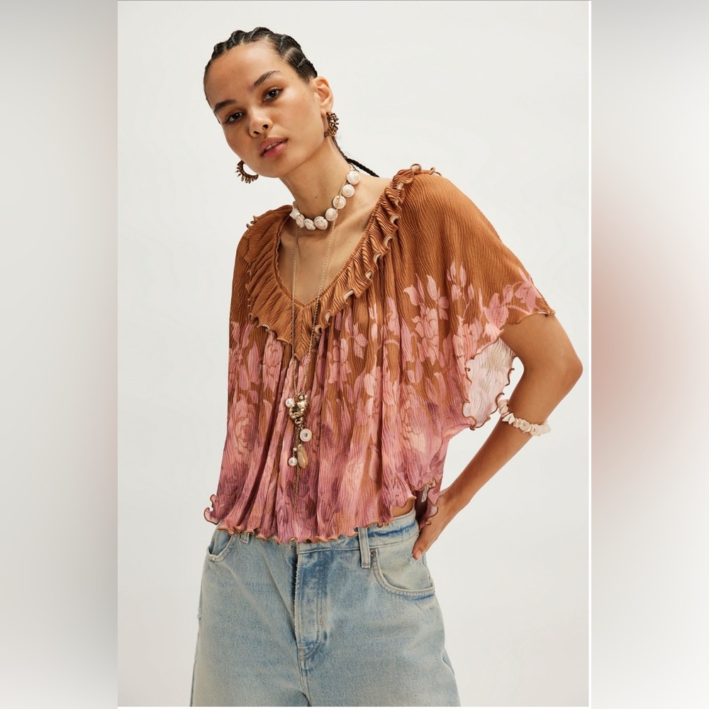 Free People Rust and Blush Floral Pleated V-Neck Top